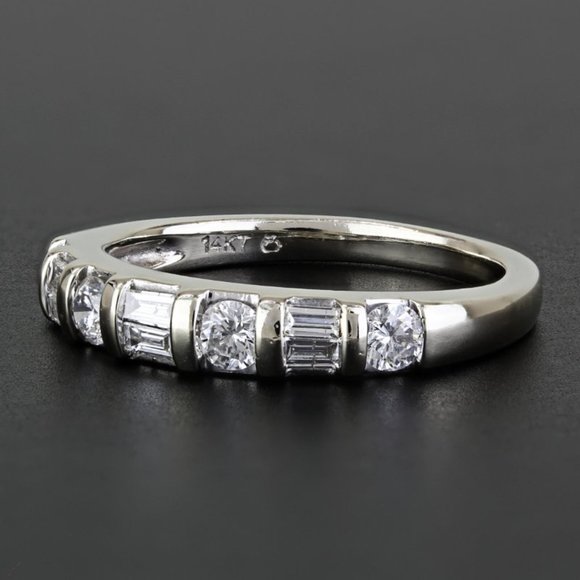 Jewelry - 14k White Gold Baguette + Round-cut Diamond Bridal Wedding Band Ring